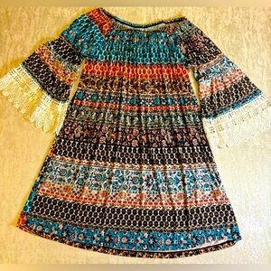 🍁West Loop,  Boho Bell Sleeve Knit Trimming Short Mini Dress, Size Large